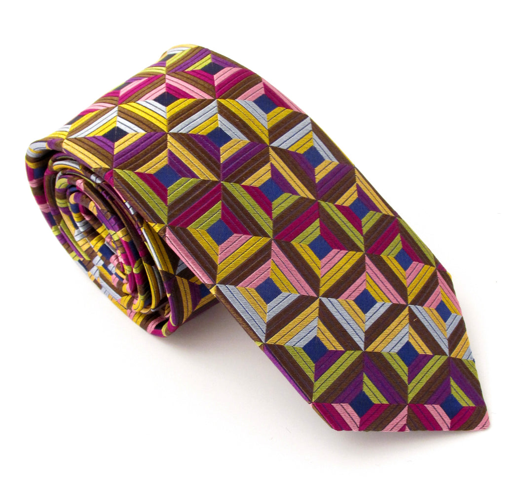 Limited Edition Retro Coloured Geometric Frame Silk Tie by Van Buck 