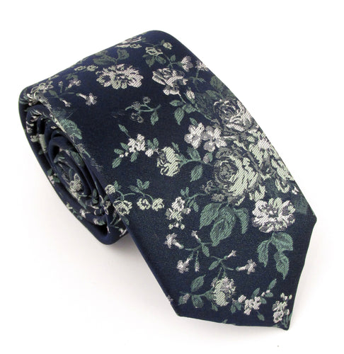 Navy & Sage Green Floral London Silk Tie by Van Buck 