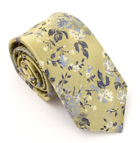 Soft Gold & Pale Blue Floral London Silk Tie by Van Buck