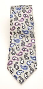 Silver Teardrop Paisley London Silk Tie by Van Buck