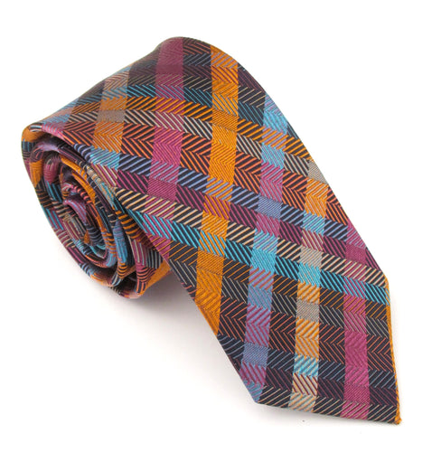 Orange & Pink Check Red Label Silk Tie by Van Buck