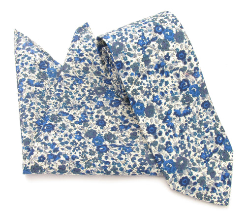 Emma & Georgina Blue Cotton Tie & Pocket Square Made with Liberty Fabric 