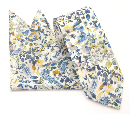 Felda Blue Cotton Tie & Pocket Square Made with Liberty Fabric