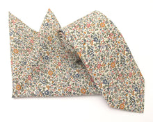 Katie & Millie Tan Cotton Tie & Pocket Square Made with Liberty Fabric 