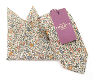Katie & Millie Tan Cotton Tie & Pocket Square Made with Liberty Fabric