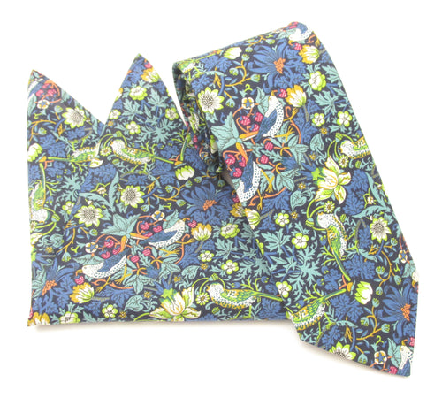 Strawberry Thief Green Cotton Tie & Pocket Square Made with Liberty Fabric 