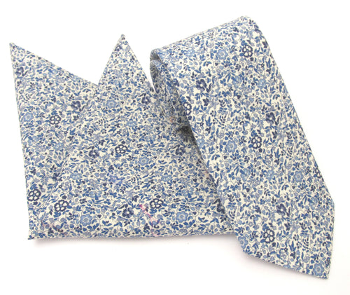 Katie & Millie Blue Cotton Tie & Pocket Square Made with Liberty Fabric