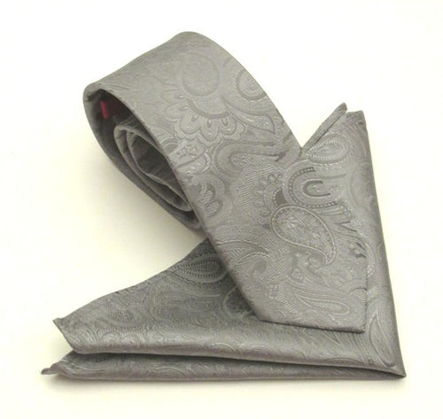 Paisley Grey Silk Tie & Pocket Square Set by Van Buck