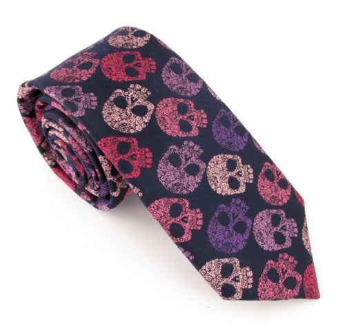 Navy & Pink Skull Red Label Silk Tie by Van Buck 