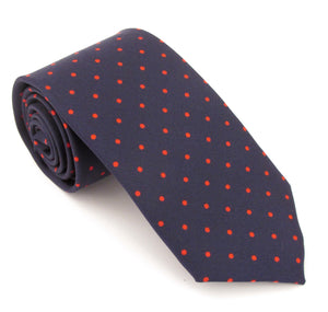 Navy Blue Printed English Silk Tie With Red Polka Dots by Van Buck 