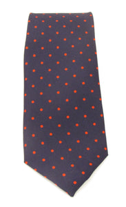 Navy Blue Printed English Silk Tie With Red Polka Dots by Van Buck