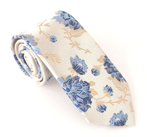 Beige & Blue Large Floral Patterned Tie by Van Buck 