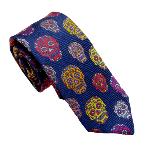 Limited Edition Navy Wave with Gold Skull Silk Tie by Van Buck