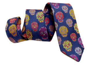 Limited Edition Navy Wave with Gold Skull Silk Tie by Van Buck