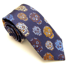 Limited Edition Navy Blue Wave and Brown Skull Silk Tie by Van Buck