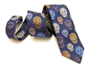 Limited Edition Navy Blue Wave and Brown Skull Silk Tie by Van Buck