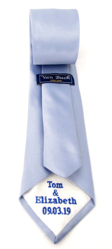 Personalised Wedding Tie Royal Blue Straight Embroidery On White Tipping By Van Buck