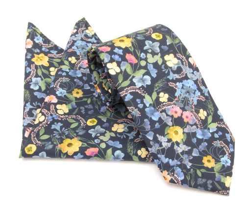 Aurora Navy Cotton Tie & Pocket Square Made with Liberty Fabric