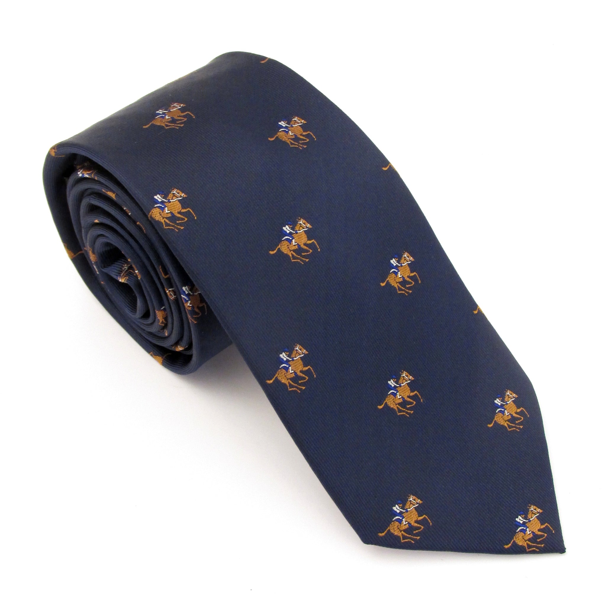 Frederick Thomas Navy Blue Tie With Embroidered Horse Jockey Design - Men's Designer Ascot Racing Style