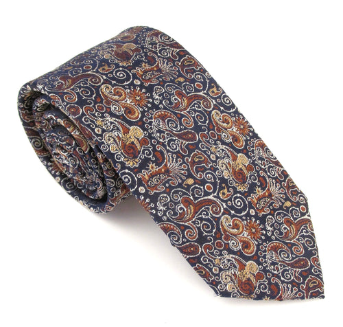 Navy & Brown Paisley Red Label Silk Tie by Van Buck