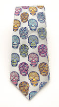 Limited Edition Silk Tie with Silver with Multi Coloured Skulls by Van Buck