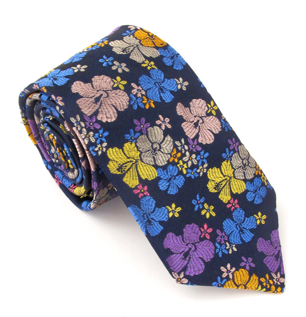 Limited Edition Navy Blue with Multicoloured Large Pansy Silk Tie by Van Buck 