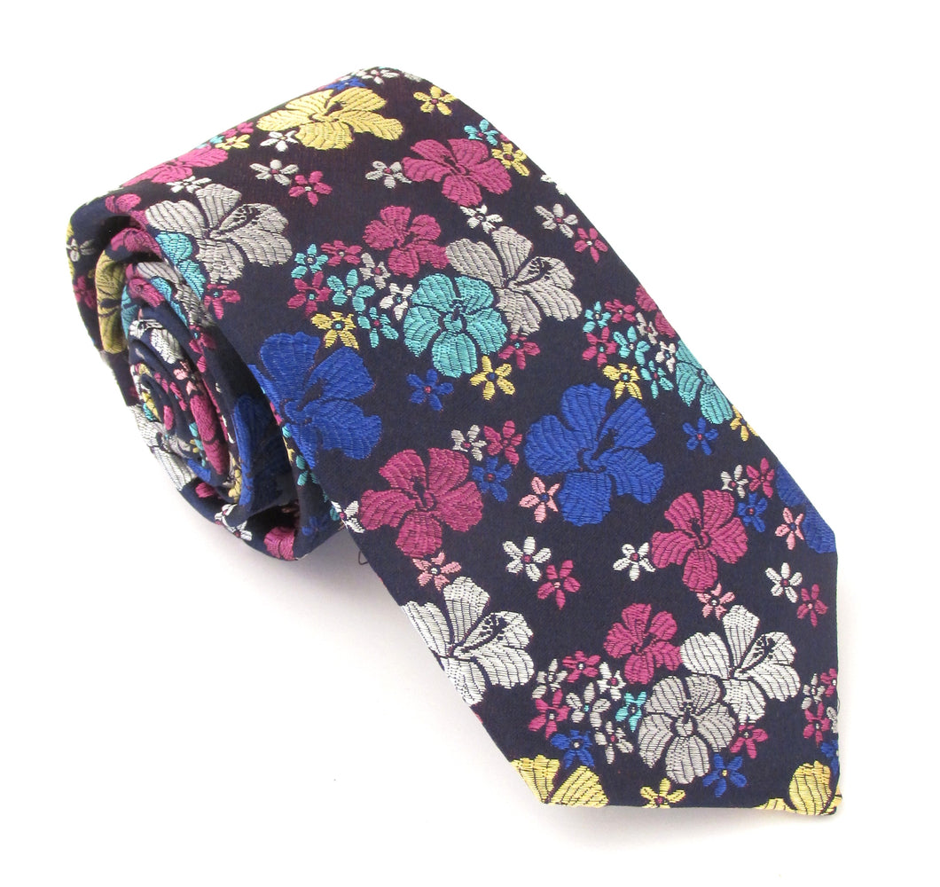 Limited Edition Navy Blue with Large Pink Pansy Silk Tie by Van Buck
