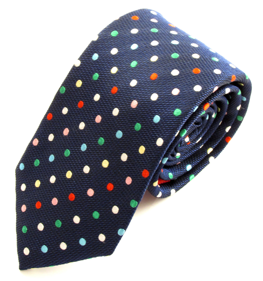 Navy Blue Silk Tie With Multi Coloured Polka Dots