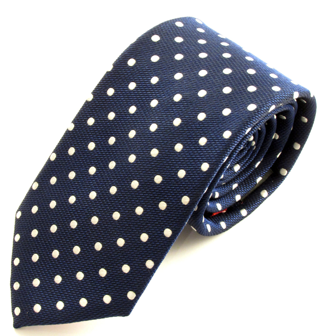Navy Blue Silk Tie With White Polka Dots