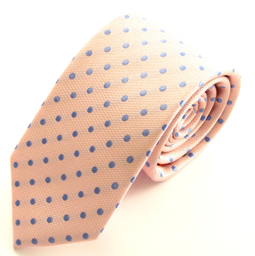 Pink Silk Tie With Sky Blue Polka Dots