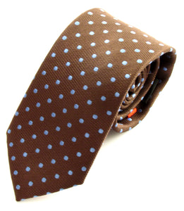 Brown Silk Tie With Sky Blue Polka Dots