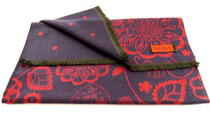 Navy And Red Reversible Scarf With Floral And Dot Pattern
