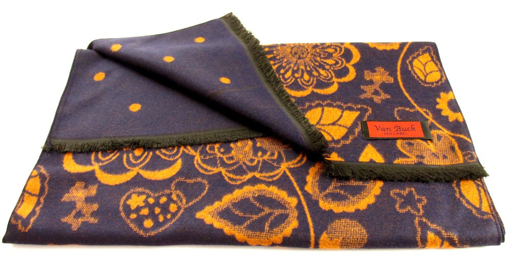 Navy And Orange Reversible Scarf With floral And Dot Pattern