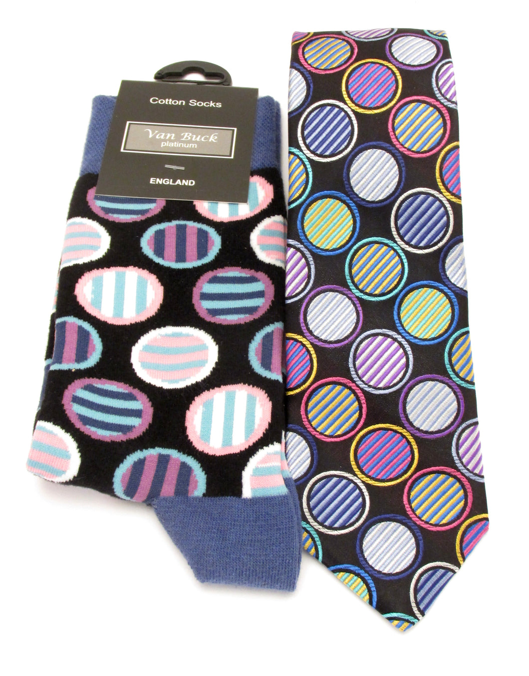 Van Buck Limited Edition Black Geometric Circle Silk Tie & Socks Gift Set