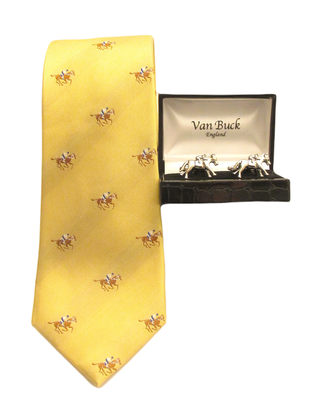 Yellow Horse Racing Silk Tie & Cufflink Set by Van Buck