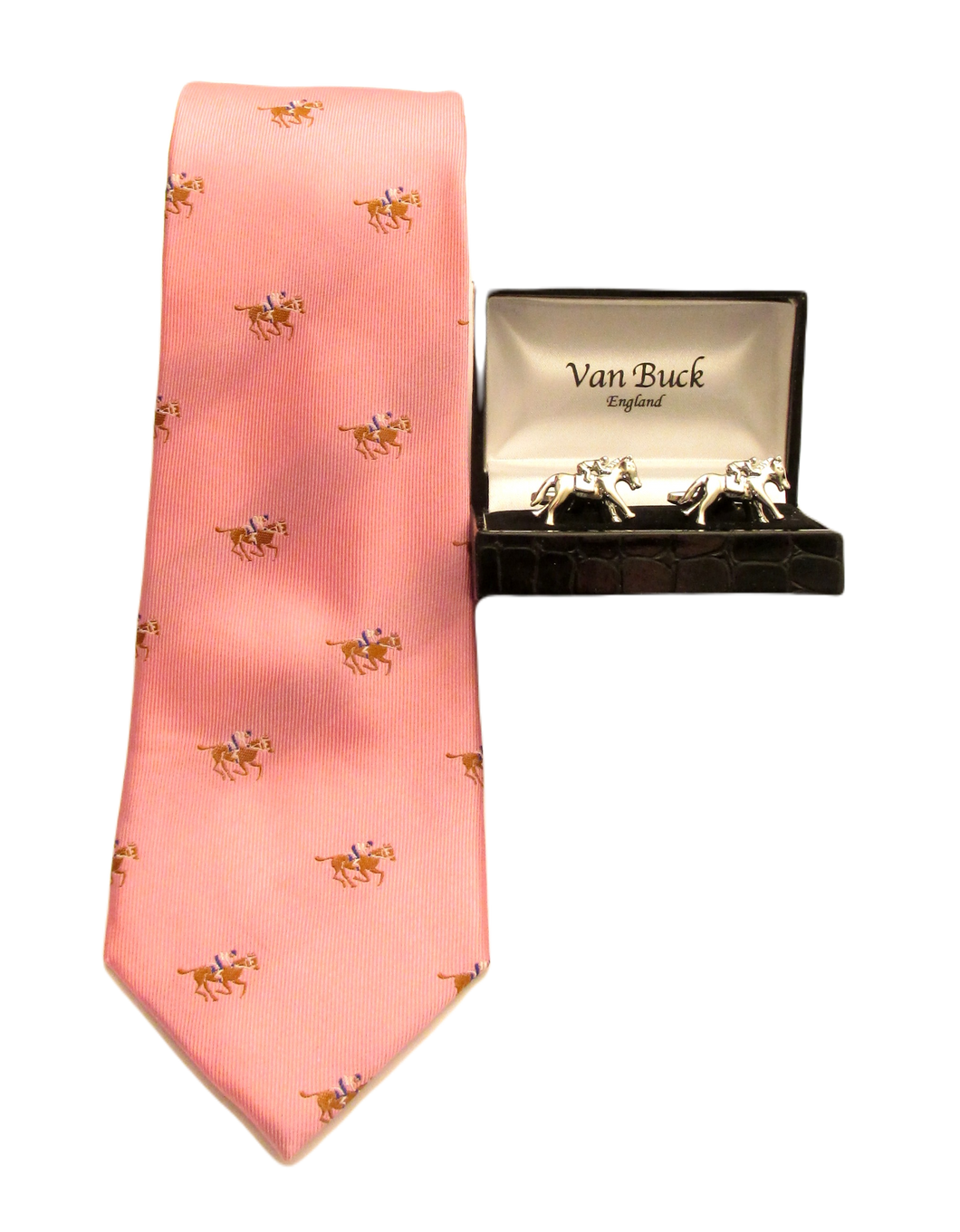 Pink Horse Racing Silk Tie & Cufflink Set by Van Buck