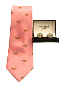 Pink Horse Racing Silk Tie & Oval Cufflink Set by Van Buck