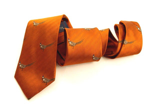 Orange Running Pheasant Country Silk Tie by Van Buck