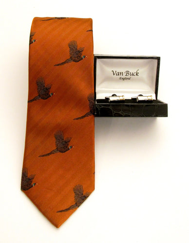 Orange Flying Pheasant Country Silk Tie & Cufflink Set by Van Buck 
