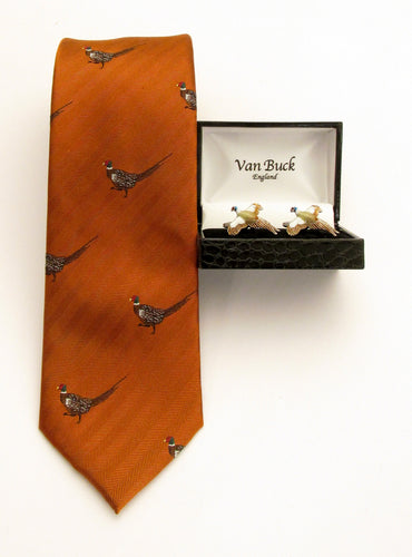 Orange Running Pheasant Country Silk Tie & Cufflink Set by Van Buck