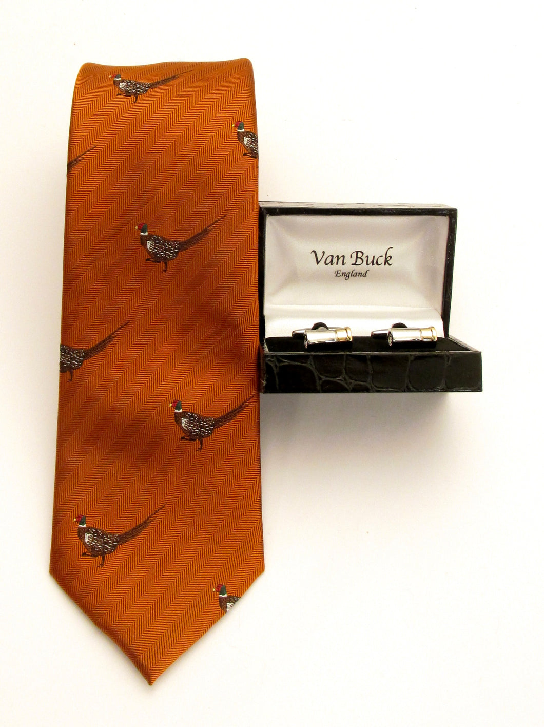 Orange Running Pheasant Country Silk Tie & Gun Cartridge Cufflink Set by Van Buck
