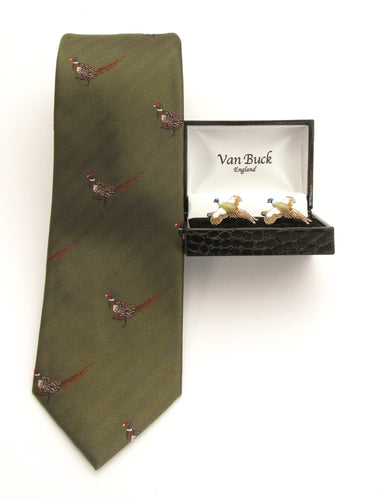 Green Running Pheasant Country Silk Tie & Cufflink Set by Van Buck
