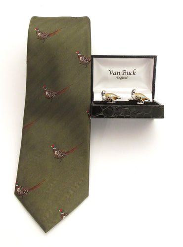 Green Running Pheasant Country Silk Tie & Cufflink Set by Van Buck 
