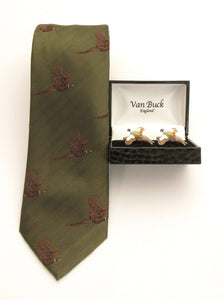 Green Flying Pheasant Country Silk Tie & Cufflink Set by Van Buck