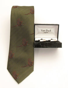 Green Flying Pheasant Country Silk Tie & Cufflink Set by Van Buck