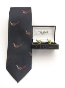 Navy Running Pheasant Country Silk Tie & Cufflink Set by Van Buck 