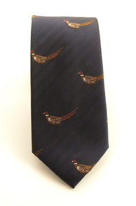 Navy Blue Running Pheasant Country Silk Tie by Van Buck