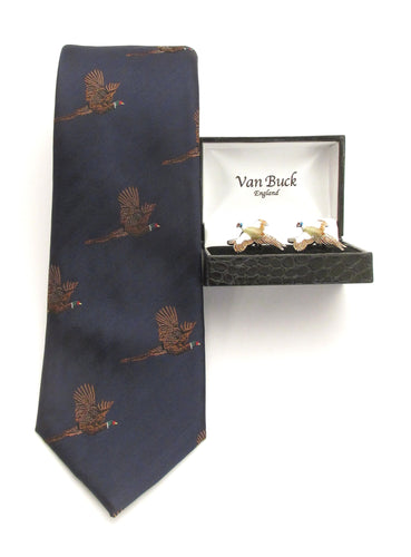 Navy Flying Pheasant Country Silk Tie & Cufflink Set by Van Buck 