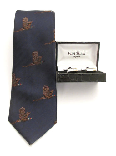 Navy Flying Pheasant Country Silk Tie & Cufflink Set by Van Buck