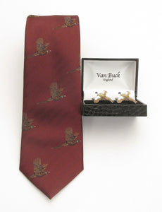 Wine Flying Pheasant Country Silk Tie & Cufflink Set by Van Buck
